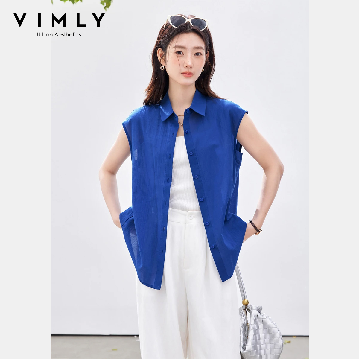 Shirt Camp Collar - VIMLY Blus Tanpa Lengan Kantor Minimalis